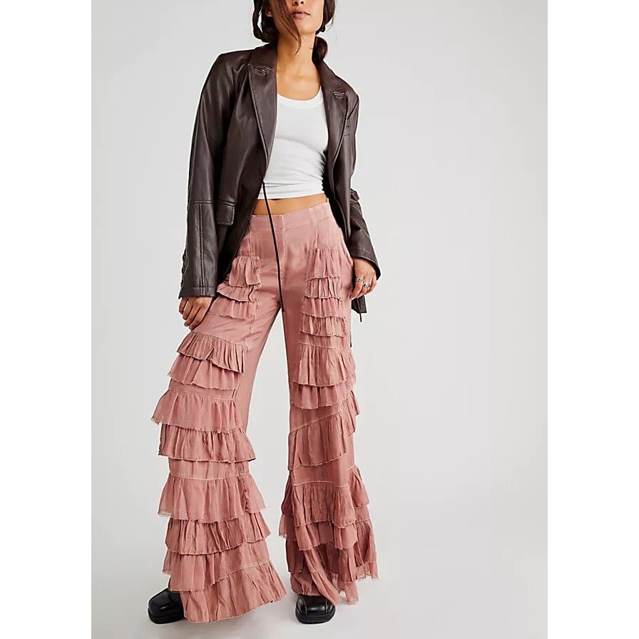 Free People Rock And Frill Pants Ruffle Tiered Smocked Mid-Rise Pull-On S 285144